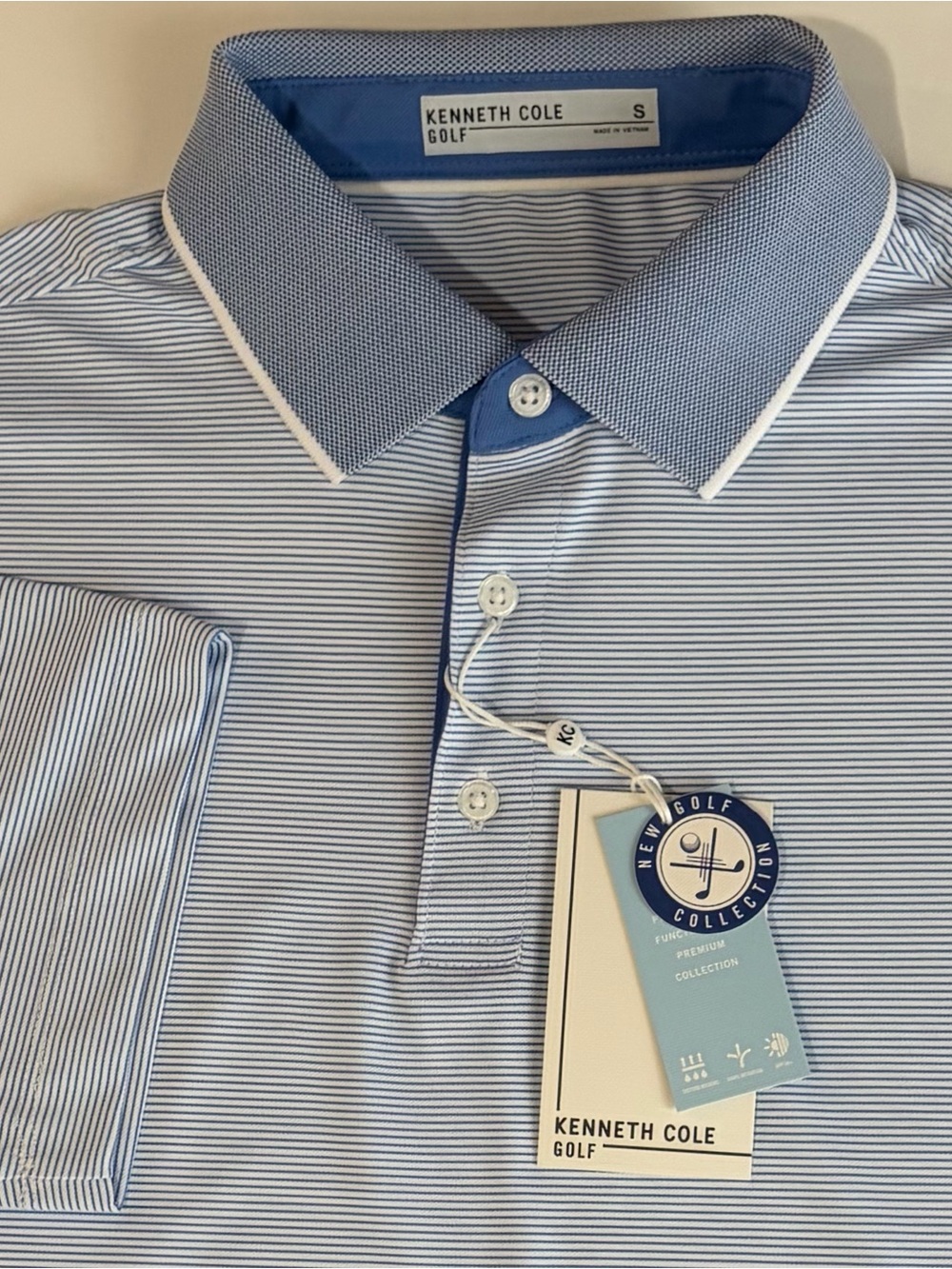 Kenneth Cole Men’s Golf Polo Shirt, Blue White Striped Small Wicking UPF 50 +